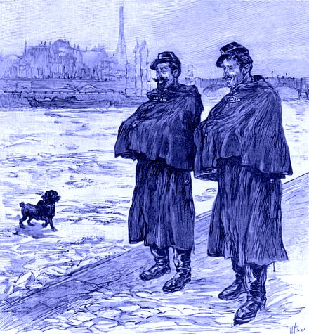 agent de police surveillant la Seine gelee en 1895