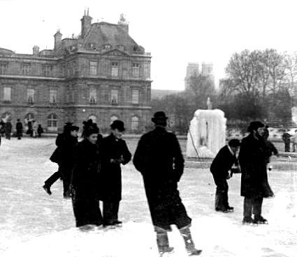 patineurs sur le bassin gele du Luxembourg pendant l`hiver 1892 1893